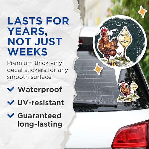 (2 Pack) Funny Animal Stickers - Poultry in Motion Stickers - Chicken Crossing Road Stickers - 5" On Longest Side - Sticks to Any Smooth Flat Surface - Made in USA - BMCS2605