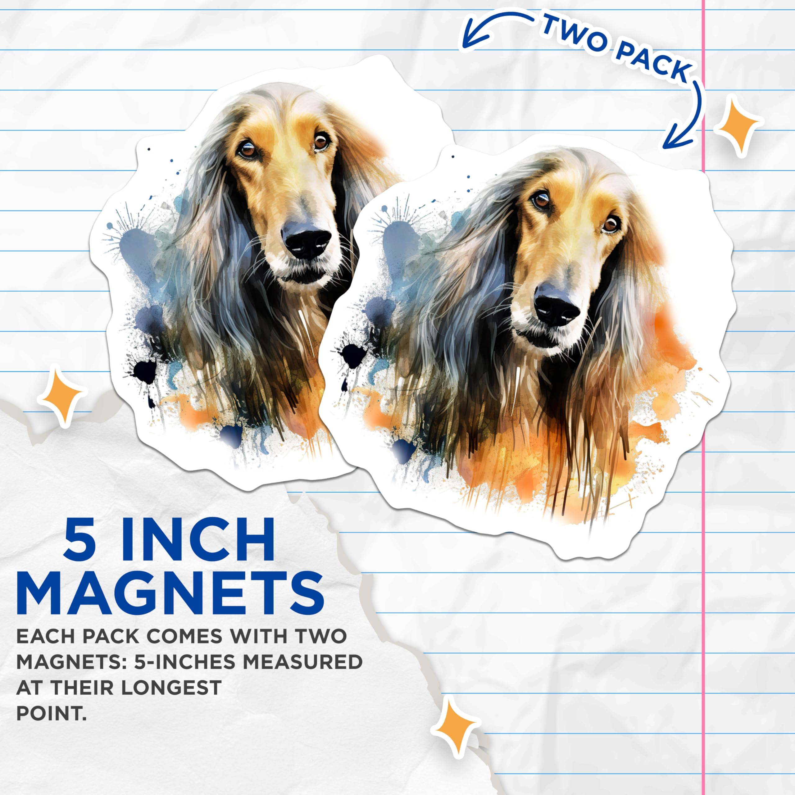 (2 Pack) Afghan Hound Magnets - Exquisite Watercolor Dog Art - Pet Lover Home Decor - Majestic Canine Sighthound Collectible - 5 Inches On Longest Side - Thick Durable Magnet - Made in USA - MAG24890