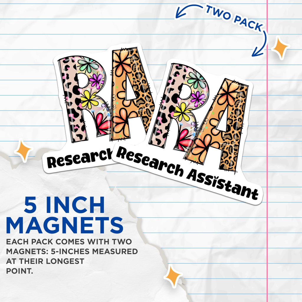 (2 Pack) Research Assistant Magnets - Floral Leopard Print RA - Academic Profession Decor - 5" On Longest Side - Premium Magnet - for Cars, Refrigerators, Toolboxes, Lockers - Made in USA - MAG15292