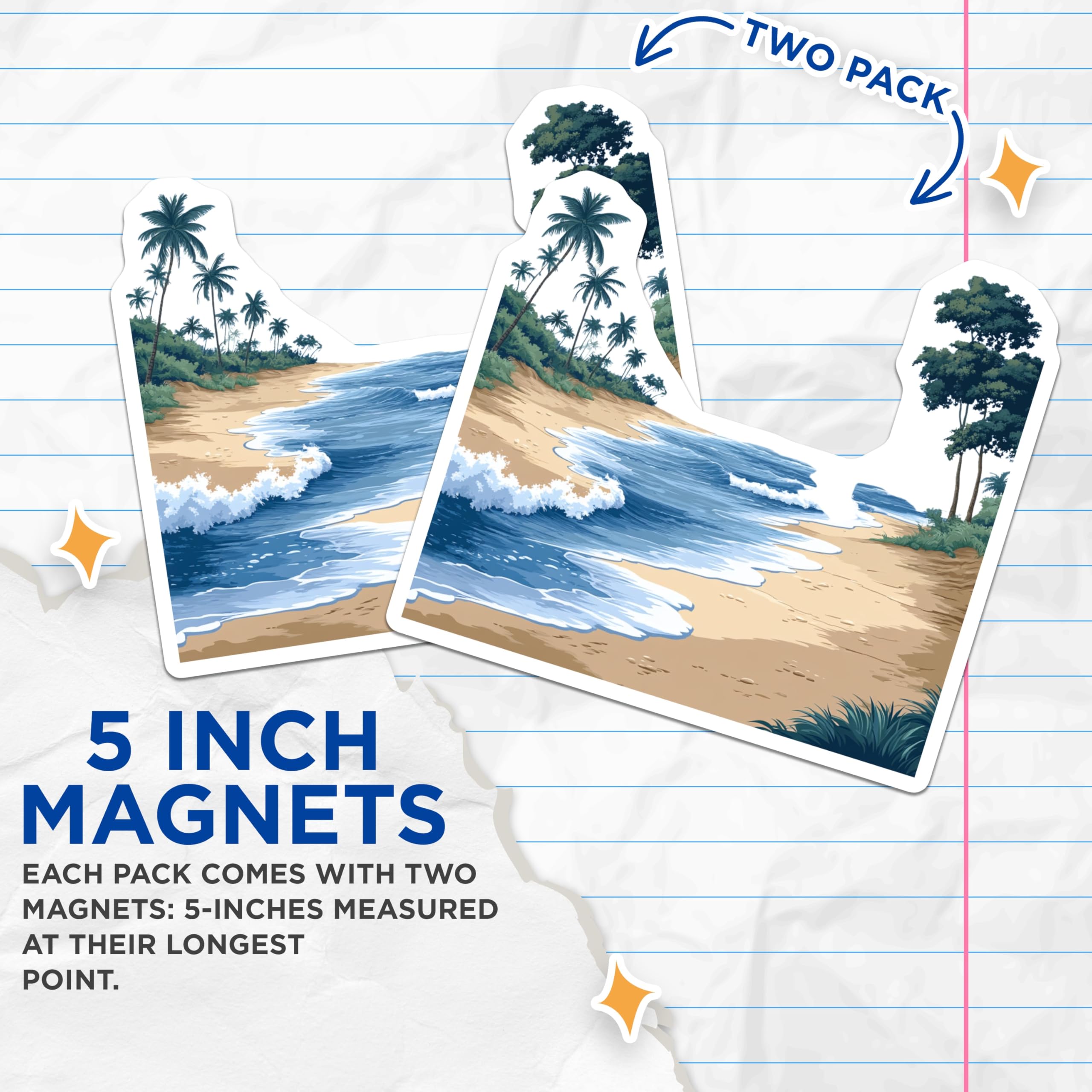 (2 Pack) Tropical Beach Magnets - Ocean Waves Palm Trees Fridge Decor - Vacation Travel Souvenirs - 5 Inches On Longest Side - Thick Durable Magnet - Made in USA - MAG29576