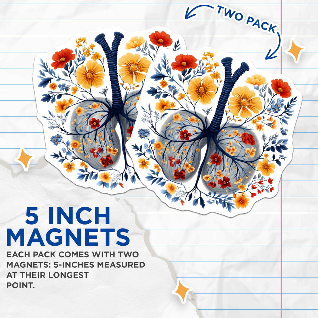 (2 Pack) Floral Lungs Magnets - Anatomical Flower Art - Healthcare Worker Decor - 5 Inches On Longest Side - Thick Durable Magnet - Made in USA - MAG26301