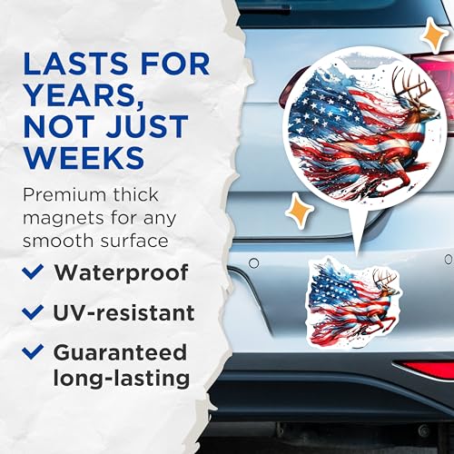 (2 Pack) American Flag Deer Magnets Magnets - Patriotic Wildlife - 5" On Longest Side - Made in USA - Sticks to Refrigerators & Metal Surfaces - MAG8653