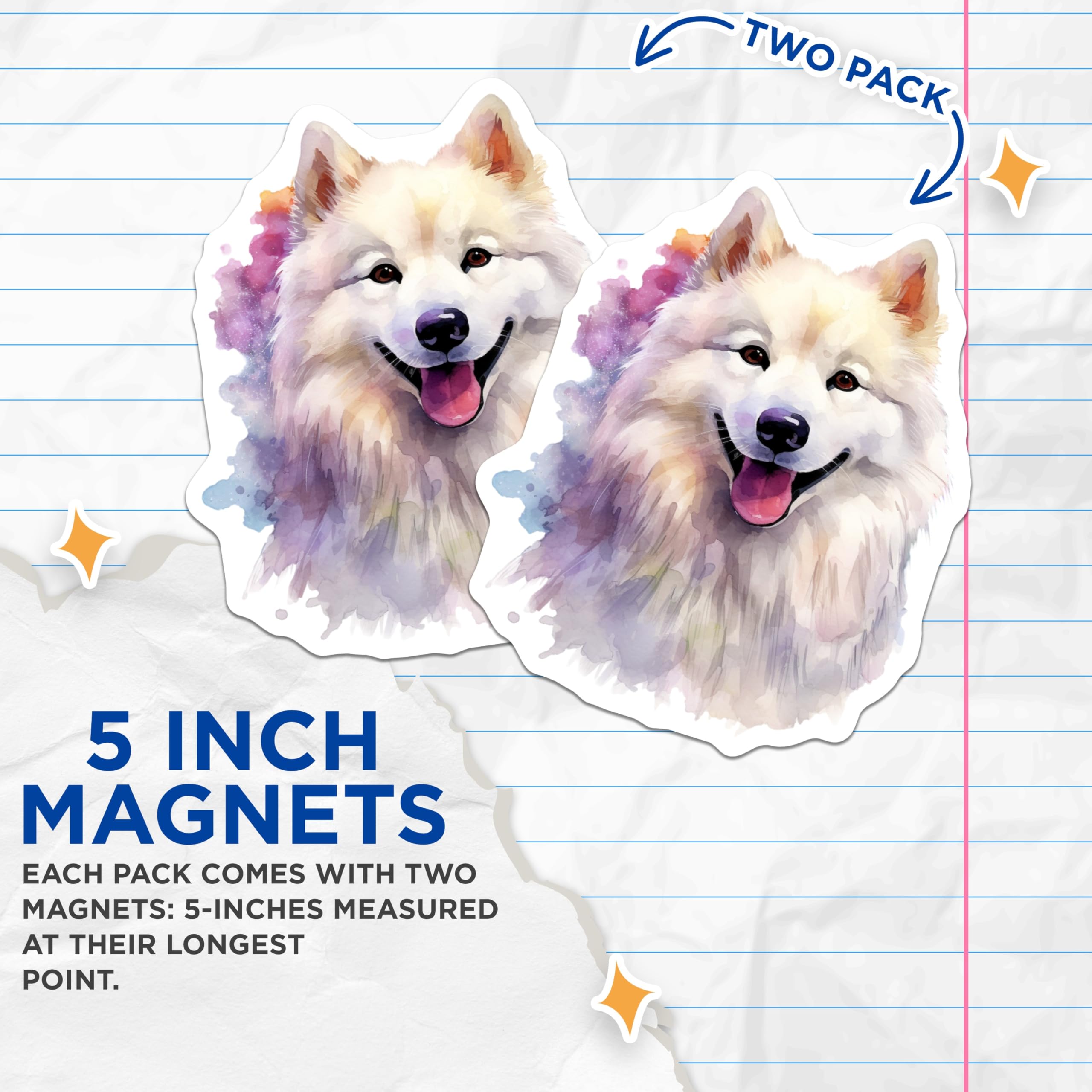 (2 Pack) Samoyed Dog Magnets - Watercolor Pet Art - Happy Dog Lover Decor - Fluffy White Dog Fridge - 5 Inches On Longest Side - Thick Durable Magnet - Made in USA - MAG29590