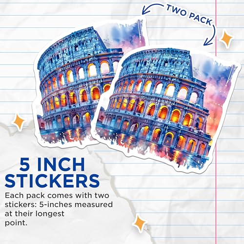 (2 Pack) Colosseum Stickers - Travel Destination Stickers - Rome Italy Landmark Stickers - 5" On Longest Side - Sticks to Smooth Flat Surfaces - Made in USA - BMCS5186