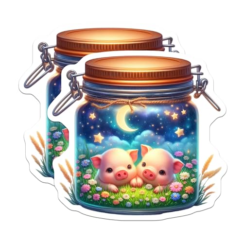 (2 Pack) Cute Pig Stickers - Night Scene Piglet Decal - Animal Lovers Sticker - 5" On Longest Side - Sticks to Smooth Flat Surfaces - Made in USA - BMCS9360