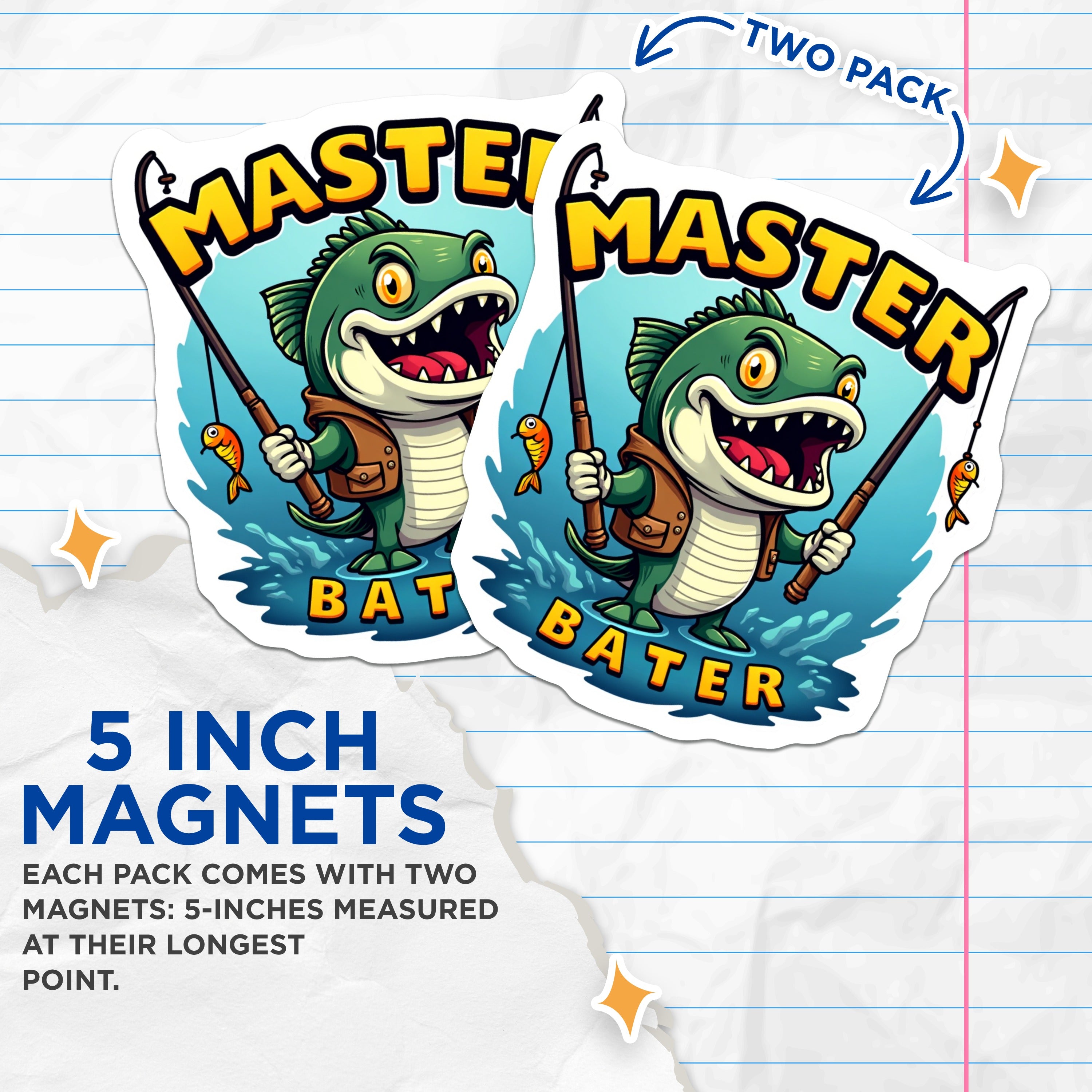 (2 Pack) Master Bater Magnets - Funny Fishing Humor for Fishermen - Dad's Man Cave Decor - Outdoorsman Novelty Item - 5 Inches On Longest Side - Thick Durable Magnet - Made in USA - MAG36540