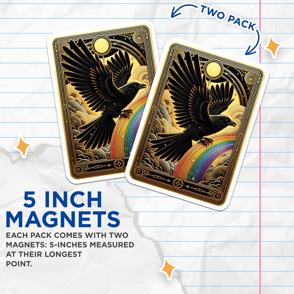 (2 Pack) Black Raven Magnets - Art Deco Crow Rainbow - Golden Celestial Fridge Decor - 5 Inches On Longest Side - Thick Durable Magnet - Made in USA - MAG21117