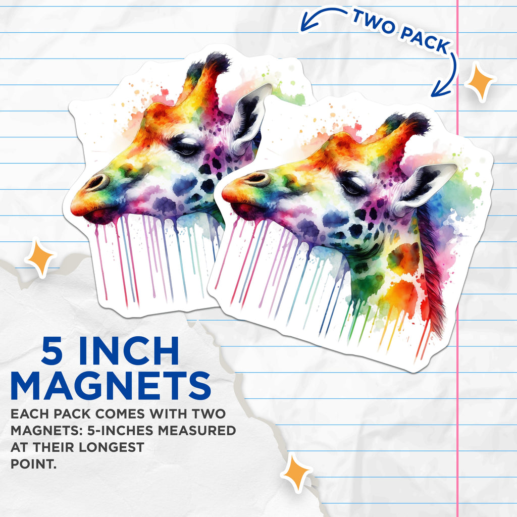 (2 Pack) Watercolor Giraffe Magnets - Rainbow Animal Art - Vibrant Fridge Decor - Whimsical Home Accents - 5 Inches On Longest Side - Thick Durable Magnet - Made in USA - MAG39172