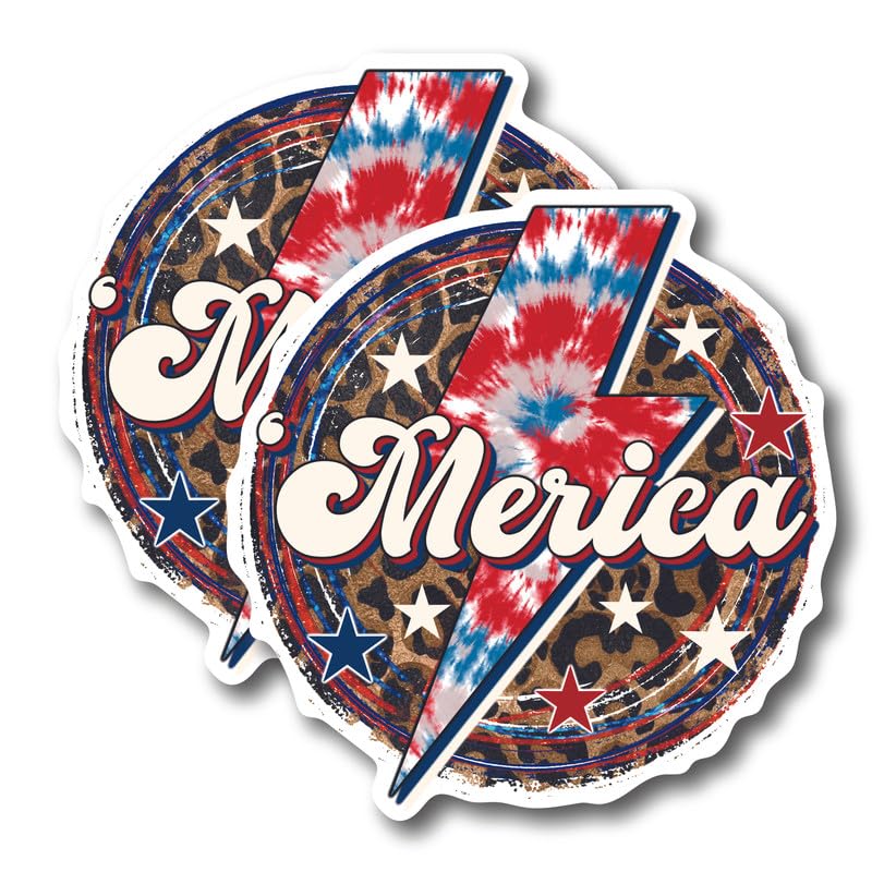 (2 Pack) Merica Stickers - Red White and Blue with Cheetah Print - 5" On Longest Side - for Car, Truck, SUV - Easy Peel and Stick Vinyl Decals - Made in USA - BMCS0116