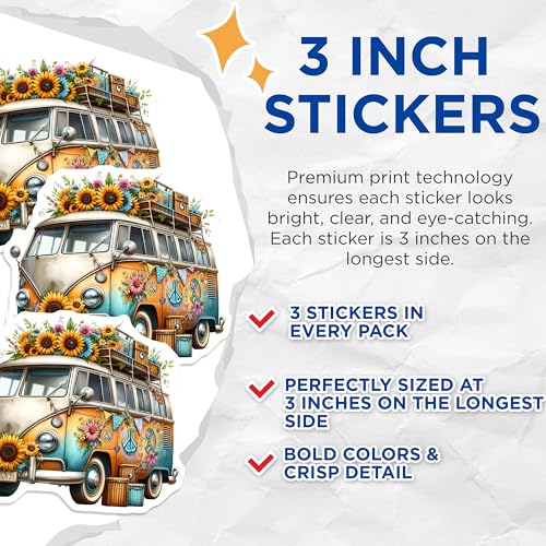 (3 Pack) Floral Van Decals - Hippie VW Bus - Sunflower Laptop Stickers - 3 Inches On Longest Side - Easy Peel & Apply - Made in USA - 3MCS7622