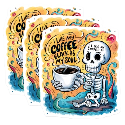 (3 Pack) Coffee Skeleton Decals - Black Coffee Lover - Funny Laptop Decal - 3 Inches On Longest Side - Easy Peel & Apply - Made in USA - 3MCS2513