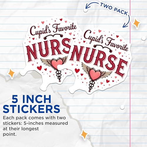 (2 Pack) Cupid's Favorite Nurse Stickers - Valentine's Day Nurse Stickers - Love Heart Medical Stickers - 5" On Longest Side - Sticks to Any Smooth Flat Surface - Made in USA - BMCS3109