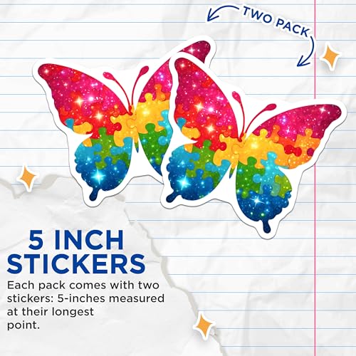 (2 Pack) Colorful Butterfly Stickers - Puzzle Piece Design - Rainbow - Vibrant Decal - 5" On Longest Side - Sticks to Smooth Flat Surfaces - Made in USA - BMCS7896