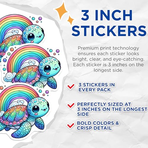 (3 Pack) Rainbow Turtle Decals - Kawaii Sea Turtle Sticker - Cute Laptop Decals - 3 Inches On Longest Side - Easy Peel & Apply - Made in USA - 3MCS0101