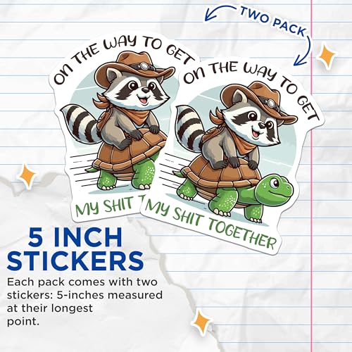 (2 Pack) On The Way to Get My Shit Together Stickers - Cute Raccoon and Turtle - 5" On Longest Side - Sticks to Smooth Flat Surfaces - Made in USA - BMCS6220