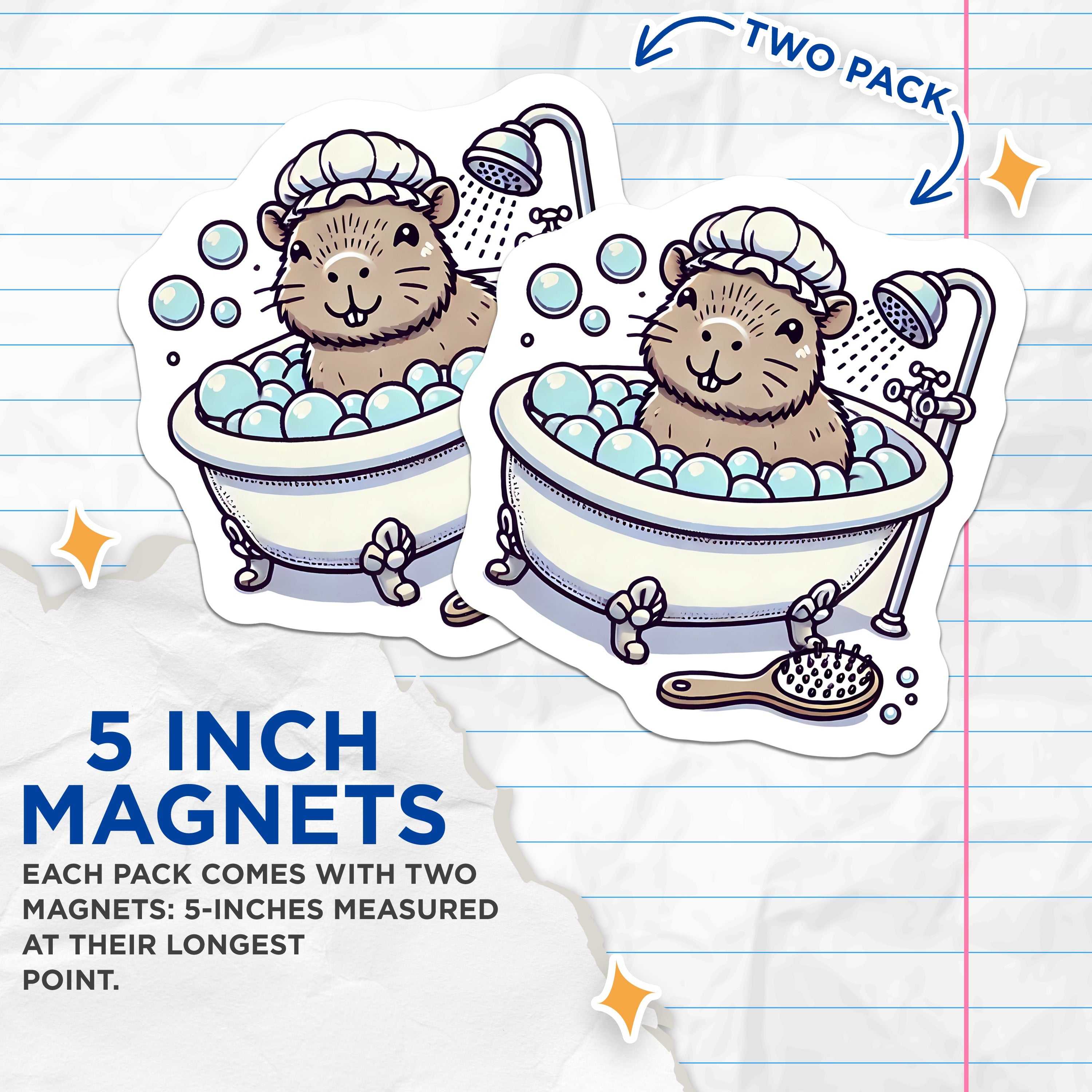 (2 Pack) Cute Capybara Magnets - Kawaii Bubble Bath Animal - Cozy Fridge Decor - Whimsical Locker Art - 5 Inches On Longest Side - Thick Durable Magnet - Made in USA - MAG38819