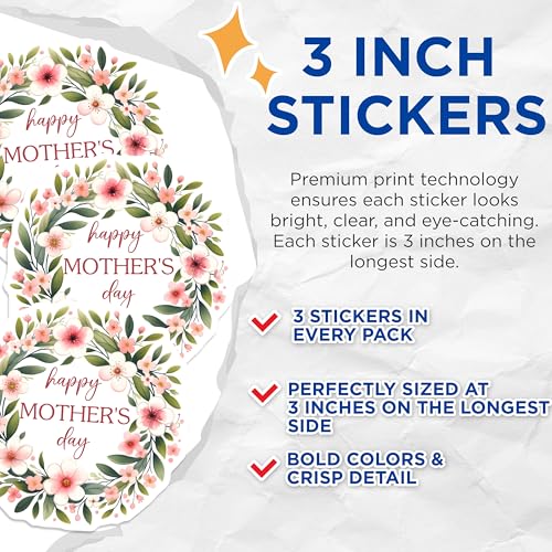 (3 Pack) Mothers Day Decals - Floral Wreath Sticker - Laptop Decal - 3 Inches On Longest Side - Easy Peel & Apply - Made in USA - 3MCS6954