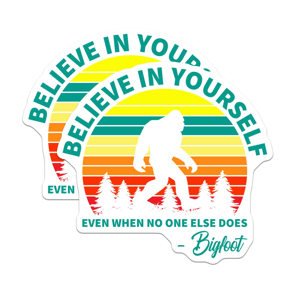 (2 Pack) Bigfoot Magnets - Believe in Yourself - Sasquatch Inspirational Quote - Retro Sunset Forest Cryptid Decor - 5 Inches On Longest Side - Thick Durable Magnet - Made in USA - MAG22904