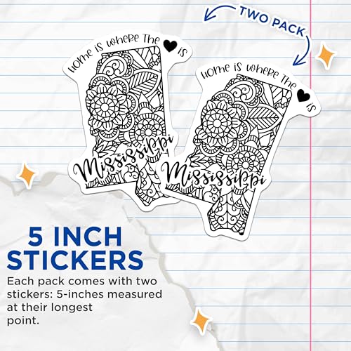 (2 Pack) Mississippi State Outline Stickers - Home is Where The Heart is Quote - Floral Design - 5" On Longest Side - Sticks to Smooth Flat Surfaces - Made in USA - BMCS9072
