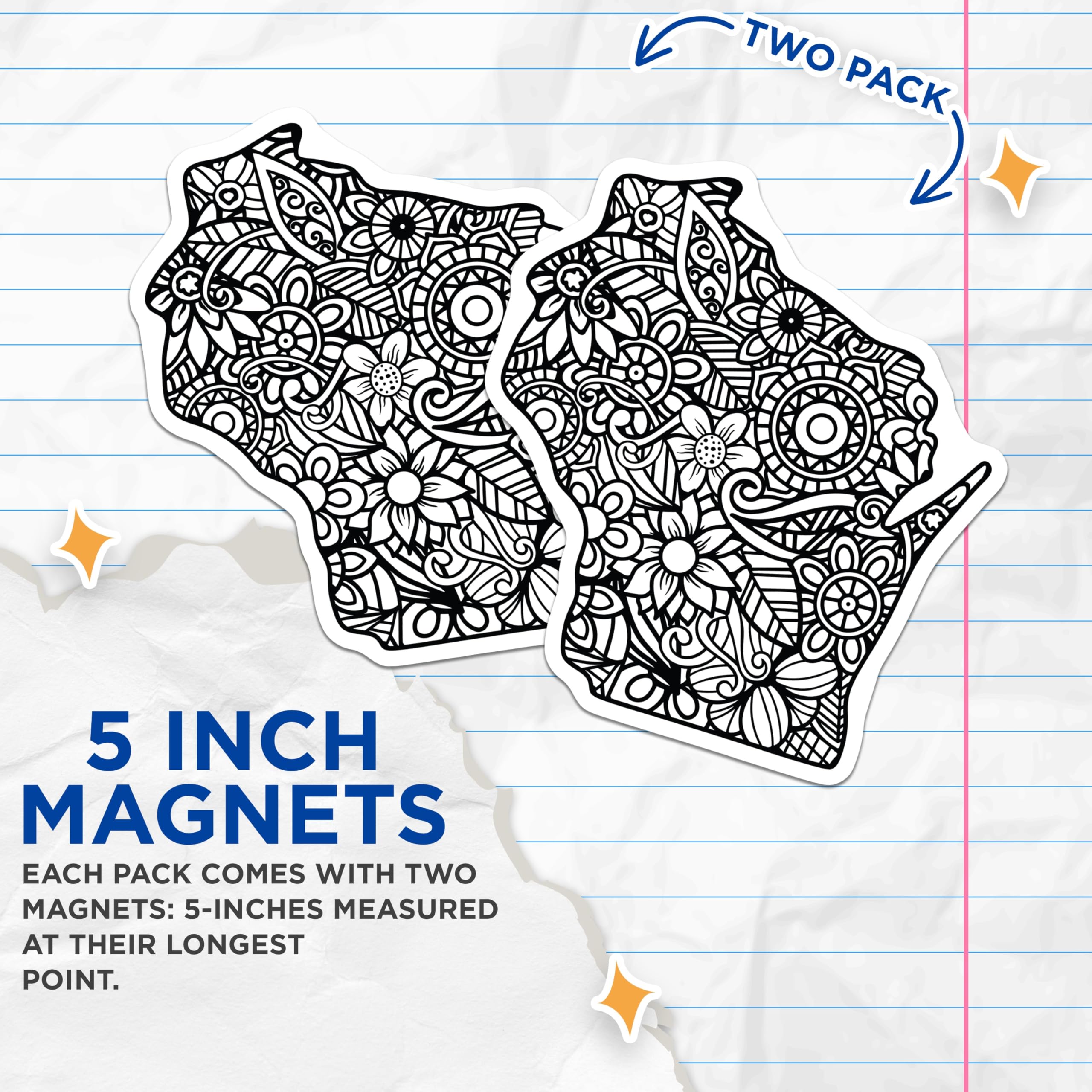 (2 Pack) Wisconsin Mandala Magnets - State Outline Decor - Floral Line Art Magnets - 5 Inches On Longest Side - Thick Durable Magnet - Made in USA - MAG19115