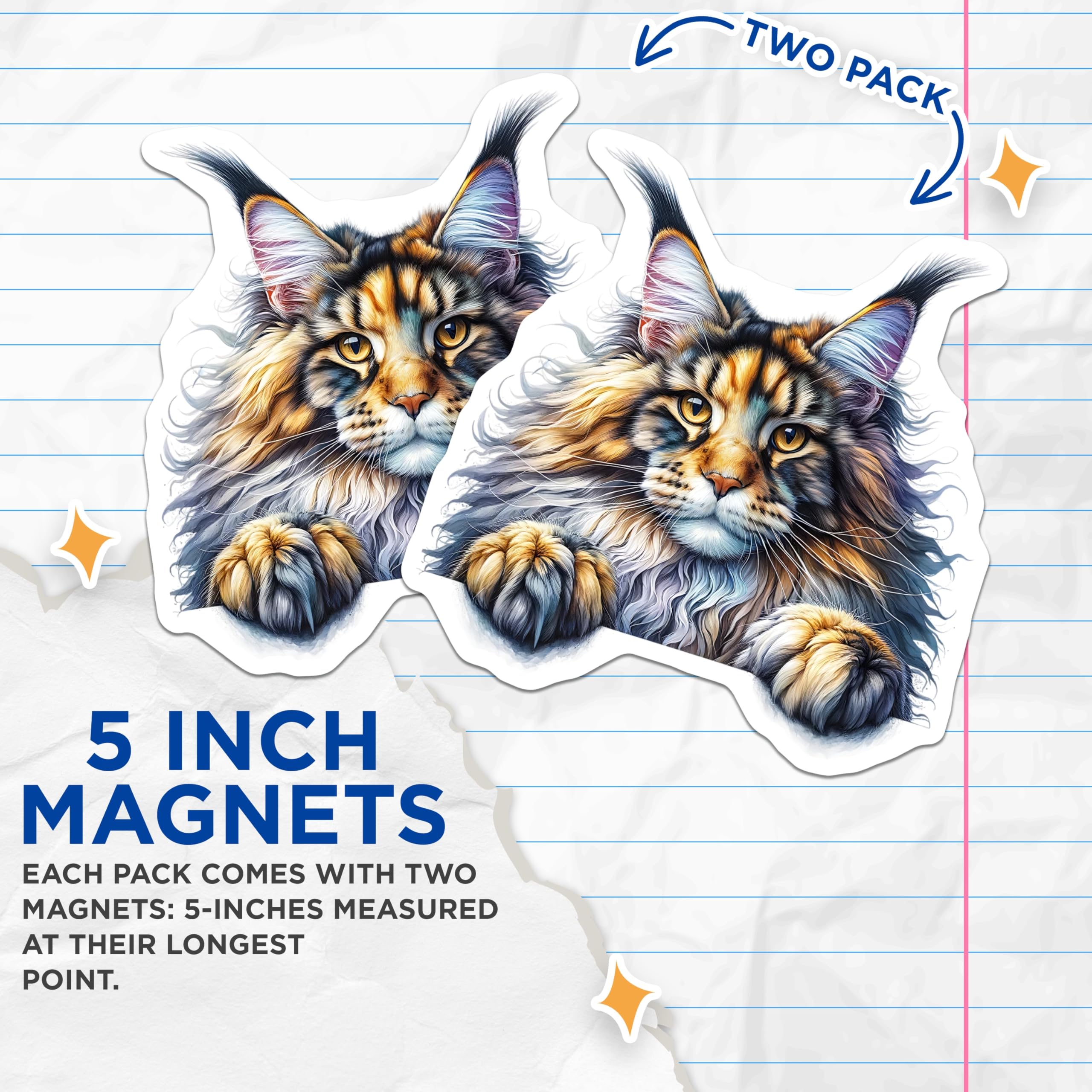 (2 Pack) Maine Coon Cat Magnets - Cute Pet Decor - Refrigerator Locker Accessories - 5" On Longest Side - Premium Magnet - for Cars, Refrigerators, Toolboxes, Lockers - Made in USA - MAG15408