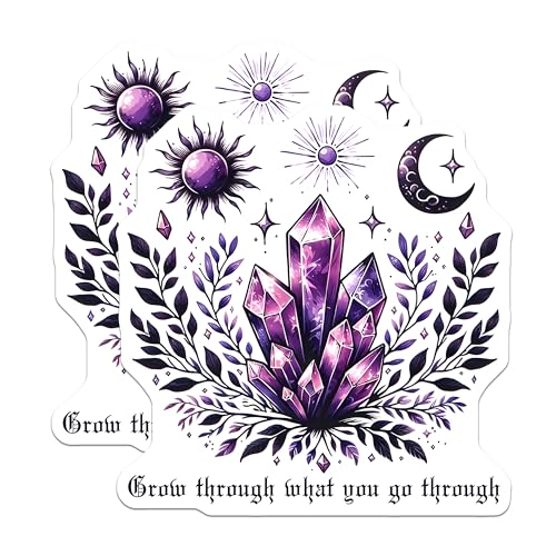 (2 Pack) Crystal Growth Stickers - Inspirational Quote - Mystical Plants - Moon and Sun Design - 5" On Longest Side - Sticks to Smooth Flat Surfaces - Made in USA - BMCS8060