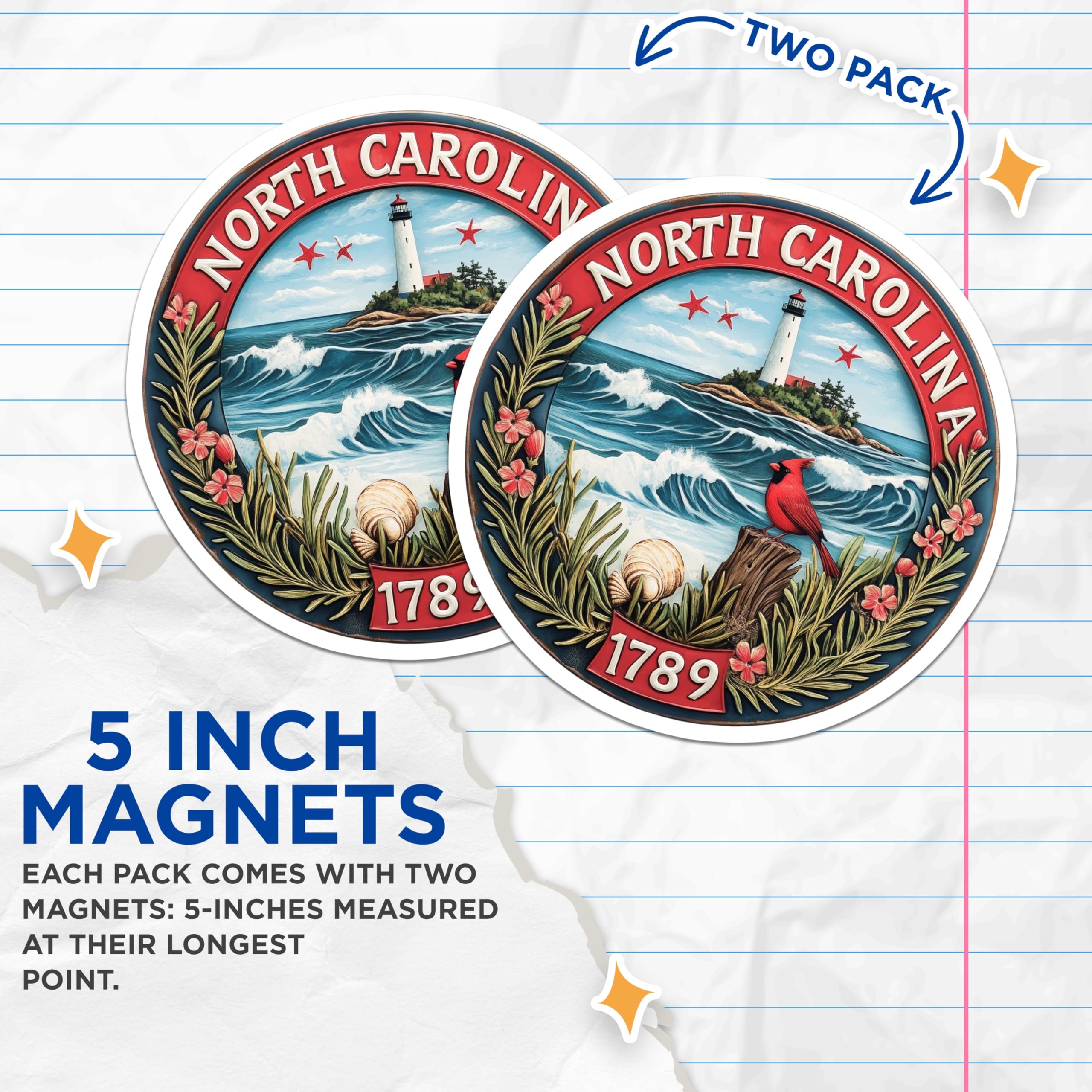 (2 Pack) North Carolina Magnets - State Seal Souvenir - Cardinal Bird Decor - 5" On Longest Side - Premium Magnet - for Cars, Refrigerators, Toolboxes, Lockers - Made in USA - MAG16188