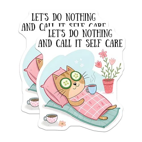 (2 Pack) Cat Self Care Stickers - Relaxation Stickers - Funny Cat Coffee Stickers - 5" On Longest Side - Sticks to Any Smooth Flat Surface - Made in USA - BMCS3315