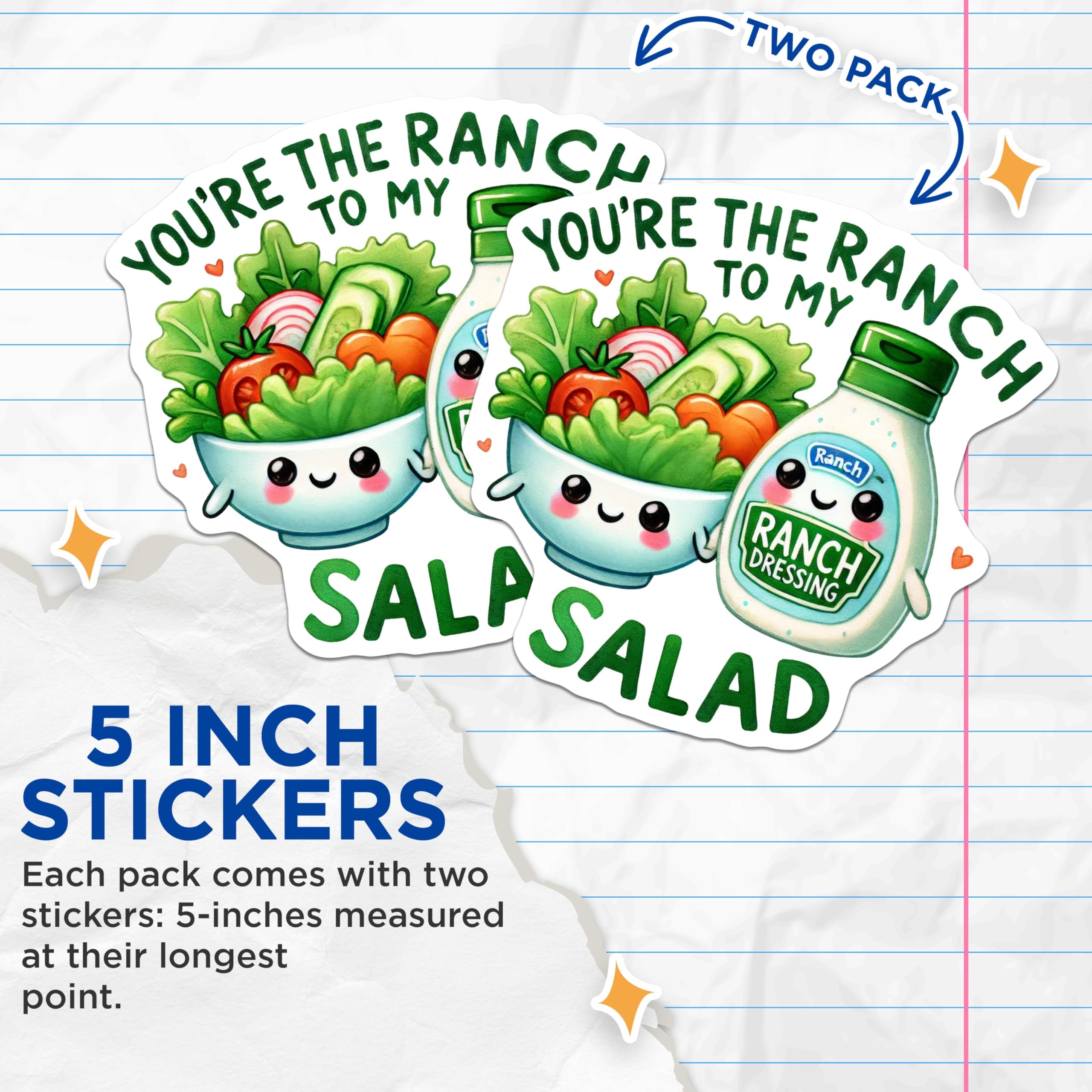 (2 Pack) You're The Ranch to My Salad Stickers - Cute Foodie Stickers - Funny Salad and Dressing Decal - 5" On Longest Side - Sticks to Any Smooth Flat Surface - Made in USA - BMCS3551
