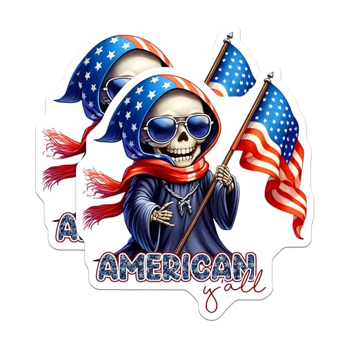 (2 Pack) Patriotic Skull Stickers - American Flag - Funny Skeleton Art - 5" On Longest Side - Sticks to Smooth Flat Surfaces - Made in USA - BMCS7926