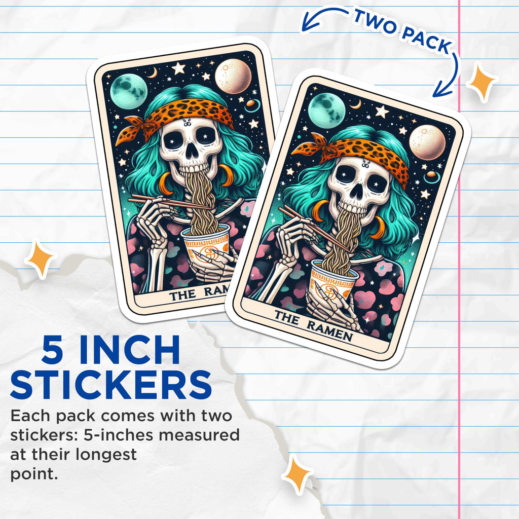 (2 Pack) Skull Ramen Stickers - Skeleton Dinner - Cosmic Food Art - Spooky Space Noodles Decal - Kawaii Macabre Sticker - 5" On Longest Side - Sticks to Smooth Flat Surfaces - Made in USA - BMCS5485