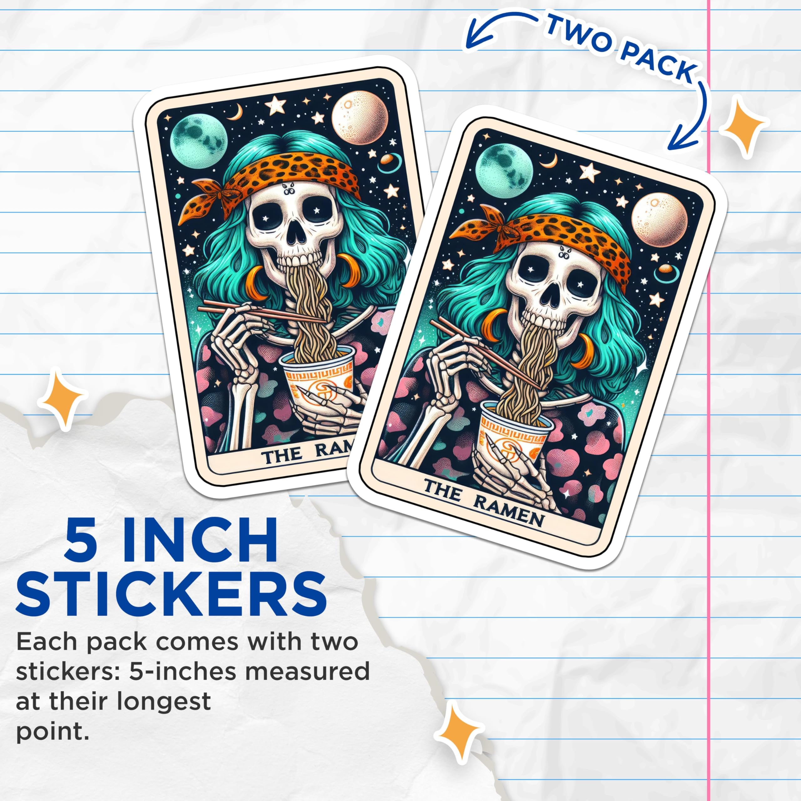 (2 Pack) Skull Ramen Stickers - Skeleton Dinner - Cosmic Food Art - Spooky Space Noodles Decal - Kawaii Macabre Sticker - 5" On Longest Side - Sticks to Smooth Flat Surfaces - Made in USA - BMCS5485