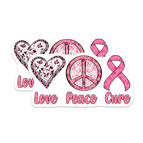 (2 Pack) Breast Cancer Awareness Stickers - Love Peace Cure Decals - Pink Ribbon Support Stickers - 5" On Longest Side - Sticks to Smooth Flat Surfaces - Made in USA - BMCS4739