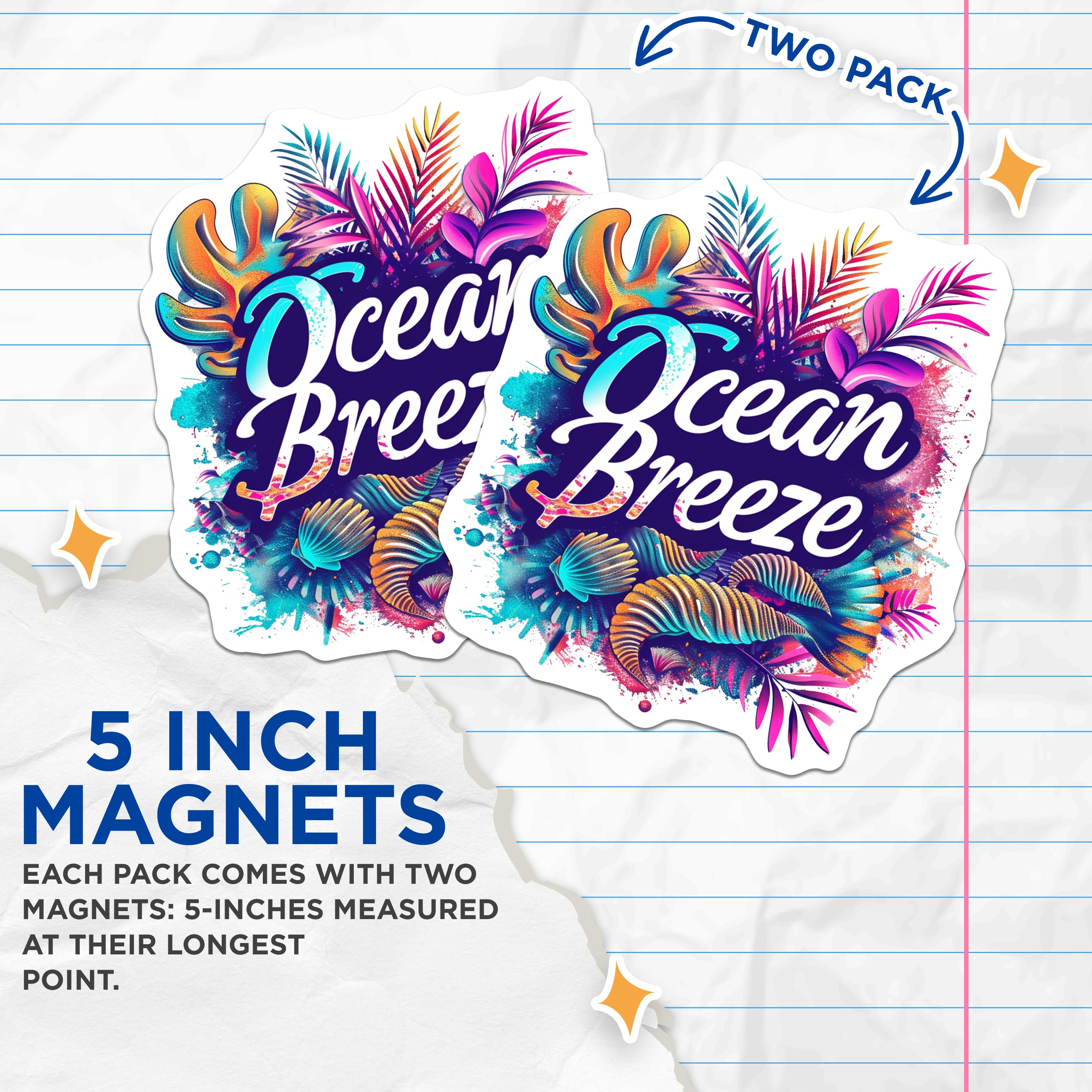 (2 Pack) Ocean Breeze Magnets - Tropical Beach Decor - Summer Vacation Vibes - Coastal Fridge Locker Accent - 5 Inches On Longest Side - Thick Durable Magnet - Made in USA - MAG39588