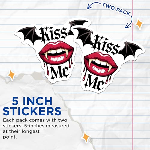 (2 Pack) Vampire Lips Stickers - Kiss Me Stickers - Vampire Bat Stickers - 5" On Longest Side - Sticks to Smooth Flat Surfaces - Made in USA - BMCS7093