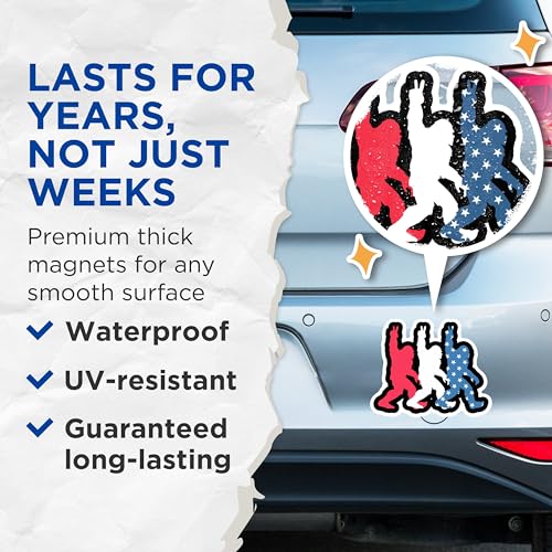 (2 Packs) Sasquatch Red White and Blue Magnets - Bigfoot American Colors USA Pride Magnets - 5 Inches On Longest Side - Premium Magnet - for Fridges, Toolboxes, Cars - Made in USA - MAG2350