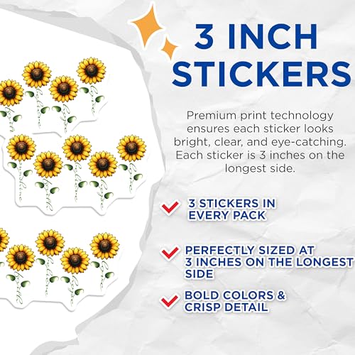 (3 Pack) Sunflower Decals - Motivational Stickers - Laptop Decal - 3 Inches On Longest Side - Easy Peel & Apply - Made in USA - 3MCS6754