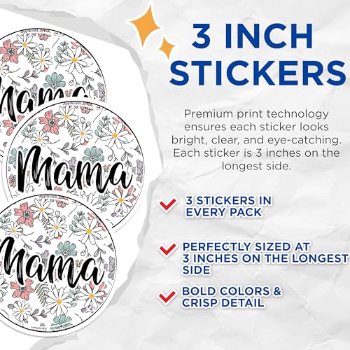 (3 Pack) Mama Floral Decals - Mother's Day Gifts - Flower Laptop Decals - 3 Inches On Longest Side - Easy Peel & Apply - Made in USA - 3MCS4942