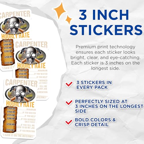(3 Pack) Carpenter Hourly Rate Decals - Funny Carpenter Quote - Carpenter Skull Decal - 3 Inches On Longest Side - Easy Peel & Apply - Made in USA - 3MCS4621
