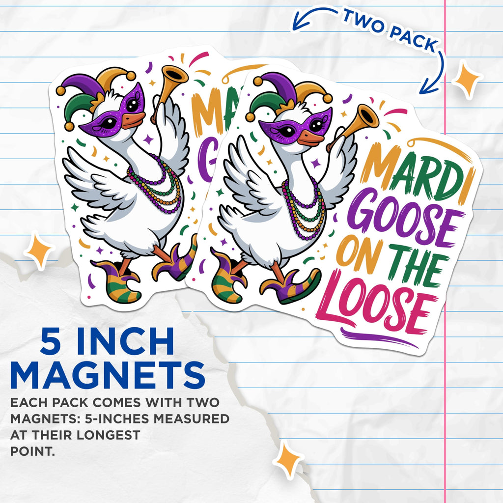 (2 Pack) Mardi Gras Goose Magnets - Funny Animal Parade - Carnival Celebration Decor - 5 Inches On Longest Side - Thick Durable Magnet - Made in USA - MAG22169