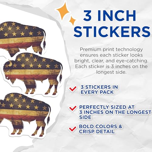 (3 Pack) American Flag Buffalo Decals - USA Bison - Patriotic Laptop Decal - 3 Inches On Longest Side - Easy Peel & Apply - Made in USA - 3MCS8331