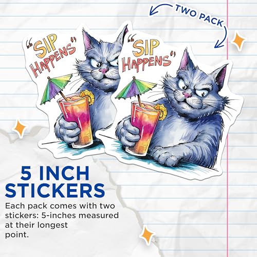 (2 Pack) Funny Cat Stickers - 5" On Longest Side - Sticks to Smooth Flat Surfaces - Made in USA - BMCS8560 - BMCS8560