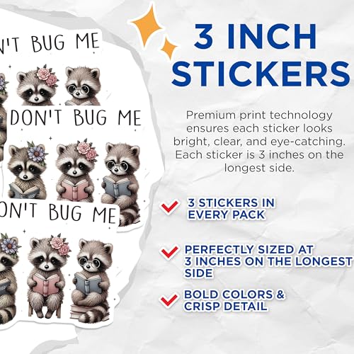 (3 Pack) Raccoon Reading Decals - Book Lover - Cute Animal Stickers- 3 Inches On Longest Side - Easy Peel & Apply - Made in USA - 3MCS5247