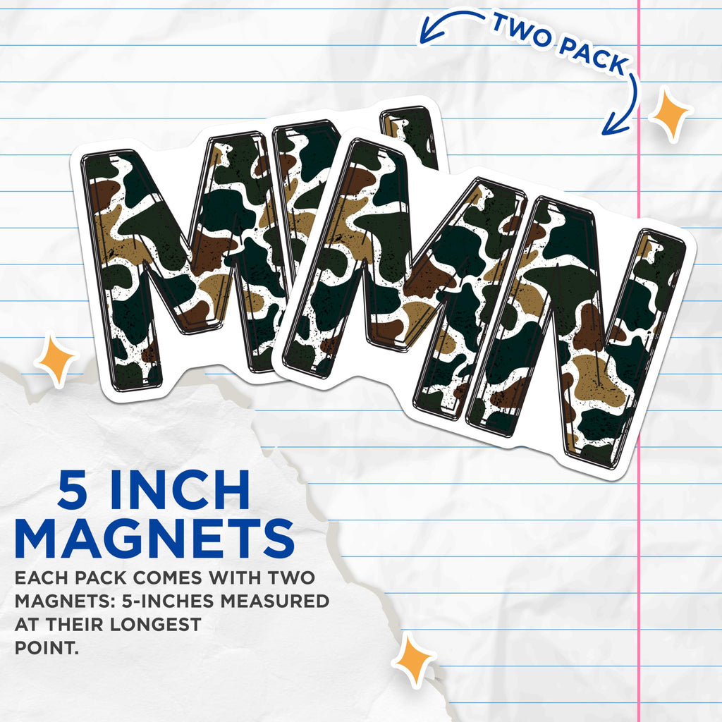 (2 Pack) Minnesota Camo MN Letter Magnets - Distressed Military Style - Refrigerator Locker Accent Decor - 5 Inches On Longest Side - Thick Durable Magnet - Made in USA - MAG21165