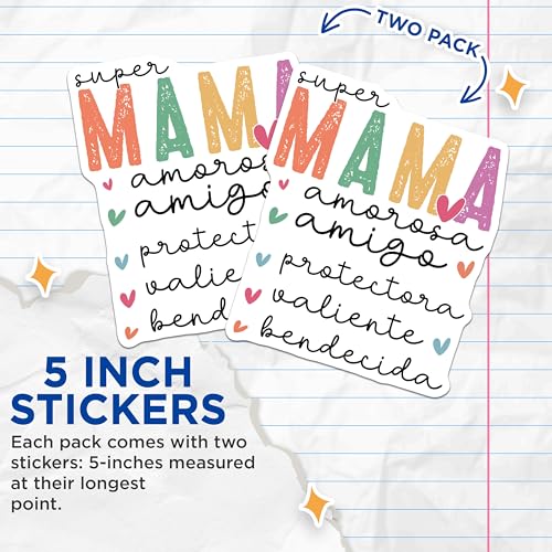 (2 Pack) Super Mama Stickers - Amorosa Amigo Stickers - Protector and Brave Stickers - 5" On Longest Side - Sticks to Any Smooth Flat Surface - Made in USA - BMCS3111