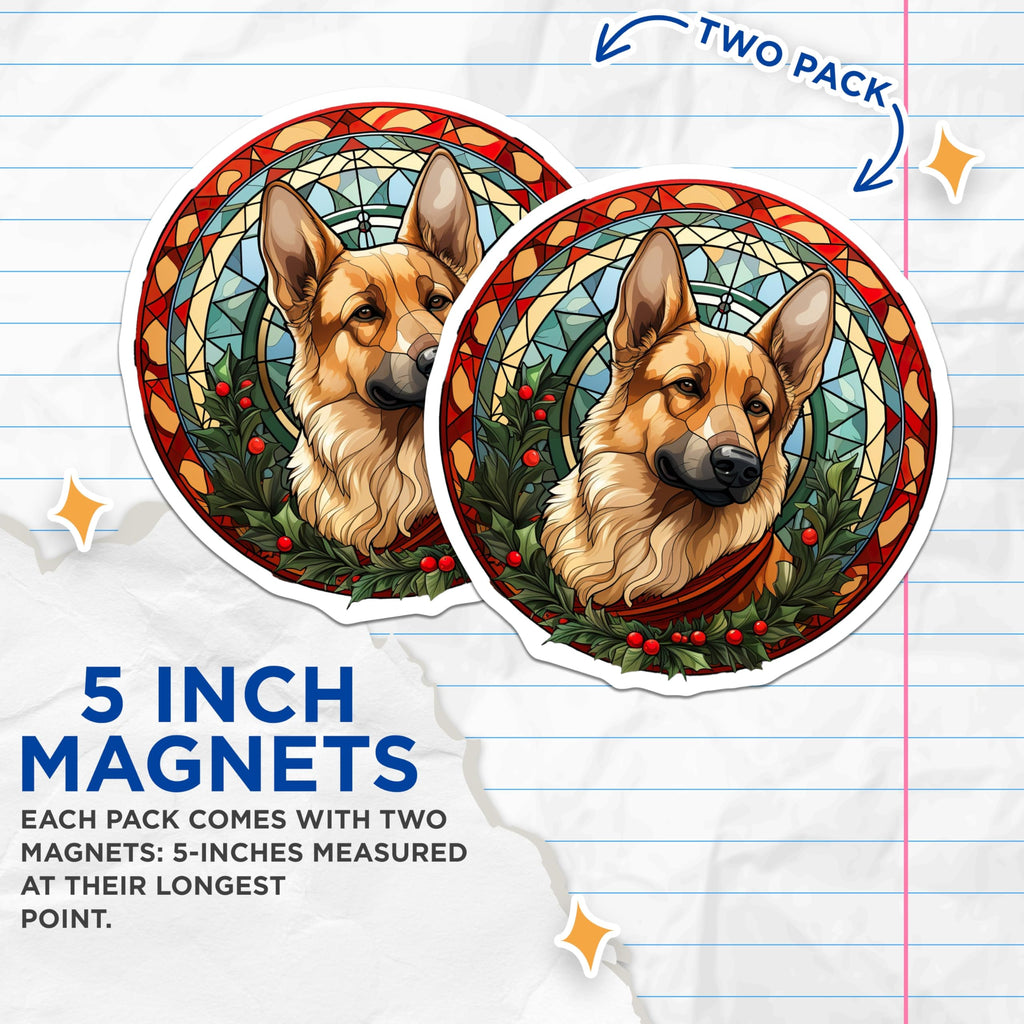 (2 Pack) German Shepherd Magnets - Stained Glass Holiday Decor - Festive Dog Art - 5 Inches On Longest Side - Thick Durable Magnet - Made in USA - MAG29216