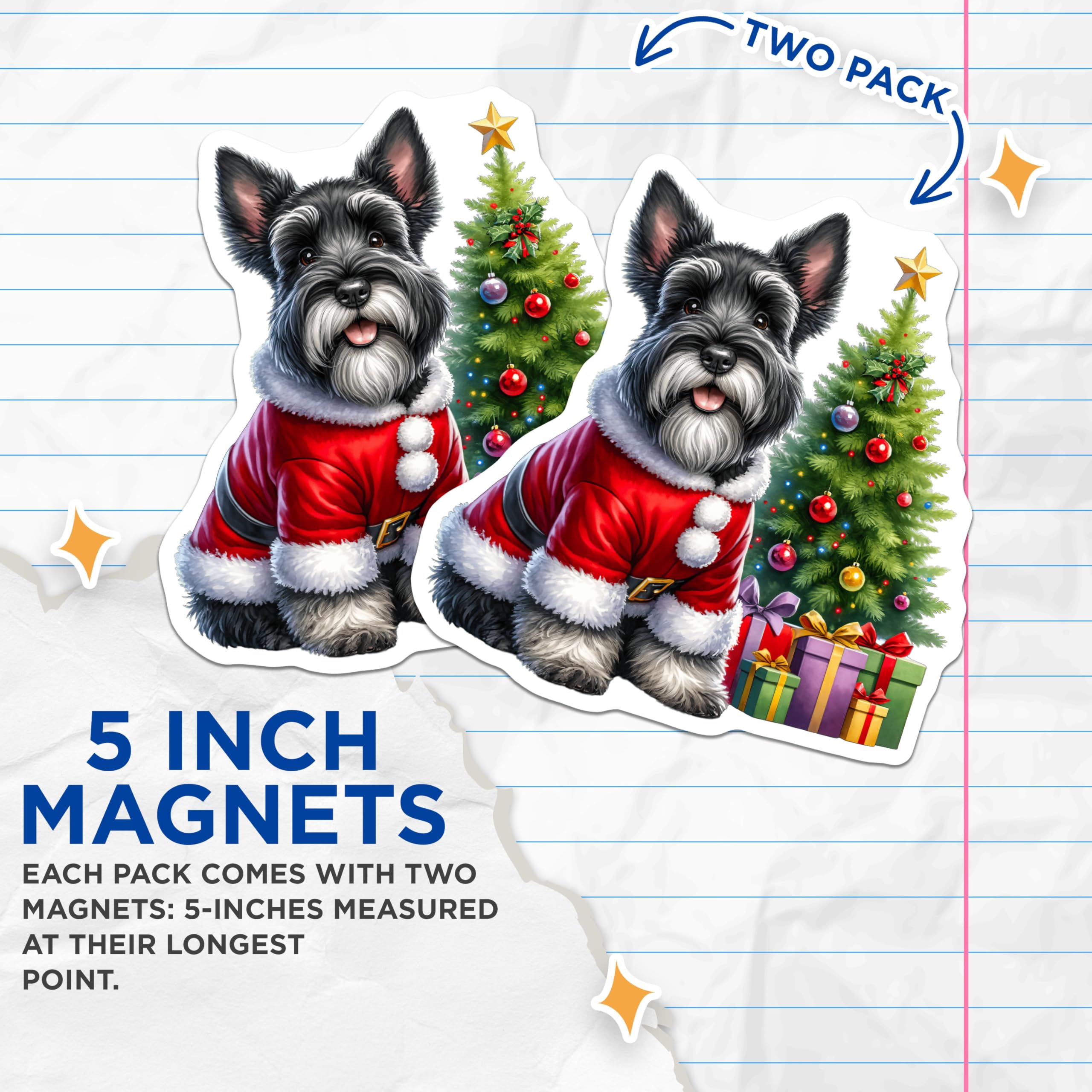 (2 Pack) Schnauzer Christmas Magnets - Santa Dog Holiday Decor - Cute Pet Refrigerator Accessory - 5 Inches On Longest Side - Thick Durable Magnet - Made in USA - MAG28489