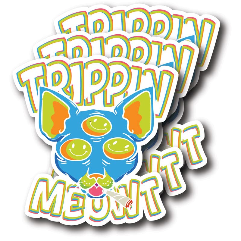 (3 Pack) Trippin Meowt Sticker - Cool Retro Cat Sticker - Psychedelic Colorful Vibrant Vinyl Decal Sticker - Made in USA - FBABMCS042