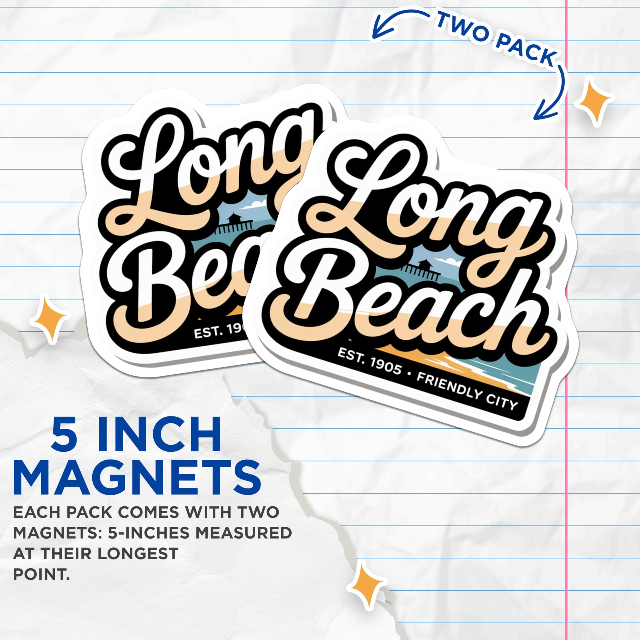 (2 Pack) Long Beach Magnets - California Souvenir - Travel Destination Decor - 5" On Longest Side - Premium Magnet - for Cars, Refrigerators, Toolboxes, Lockers - Made in USA - MAG17563