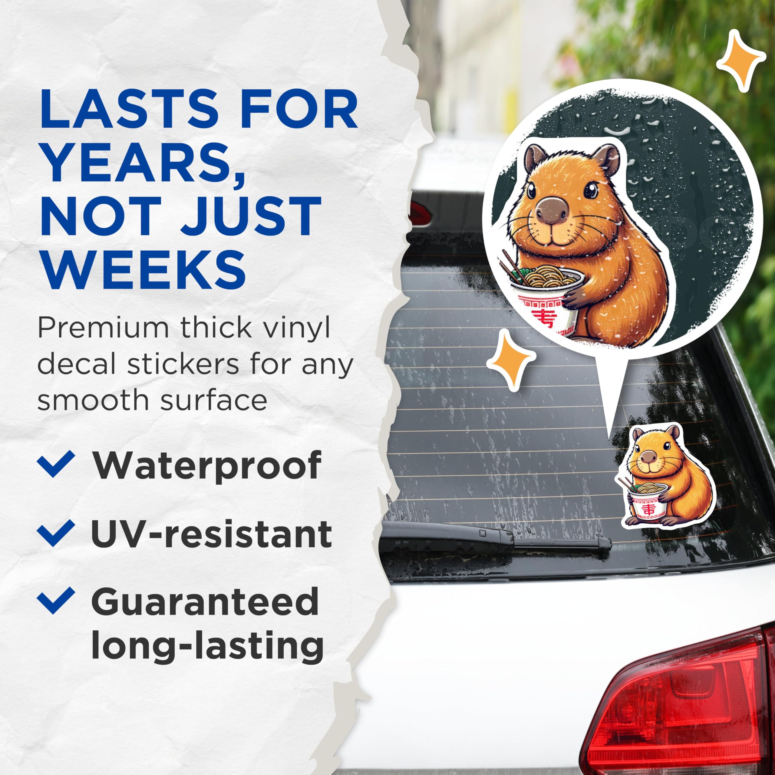 (2 Pack) Adorable Capybara Stickers - Cute Animal Art - Ramen Noodles Illustration - 5" On Longest Side - Sticks to Smooth Flat Surfaces - Made in USA - BMCS9922